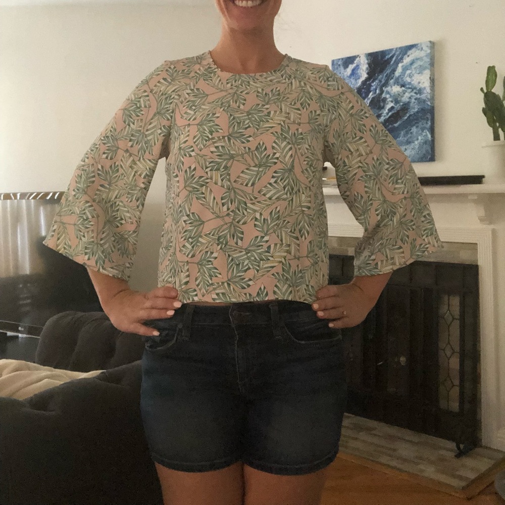 Pink and green leaf patterned crop top